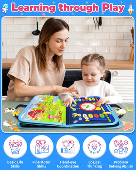 Gojmzo Busy Board Zippers Buttons Shoelaces boosts fine motor practice on the go.