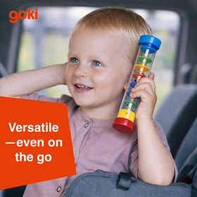 Goki rain stick close-up on wood emphasizing durable, child-safe design