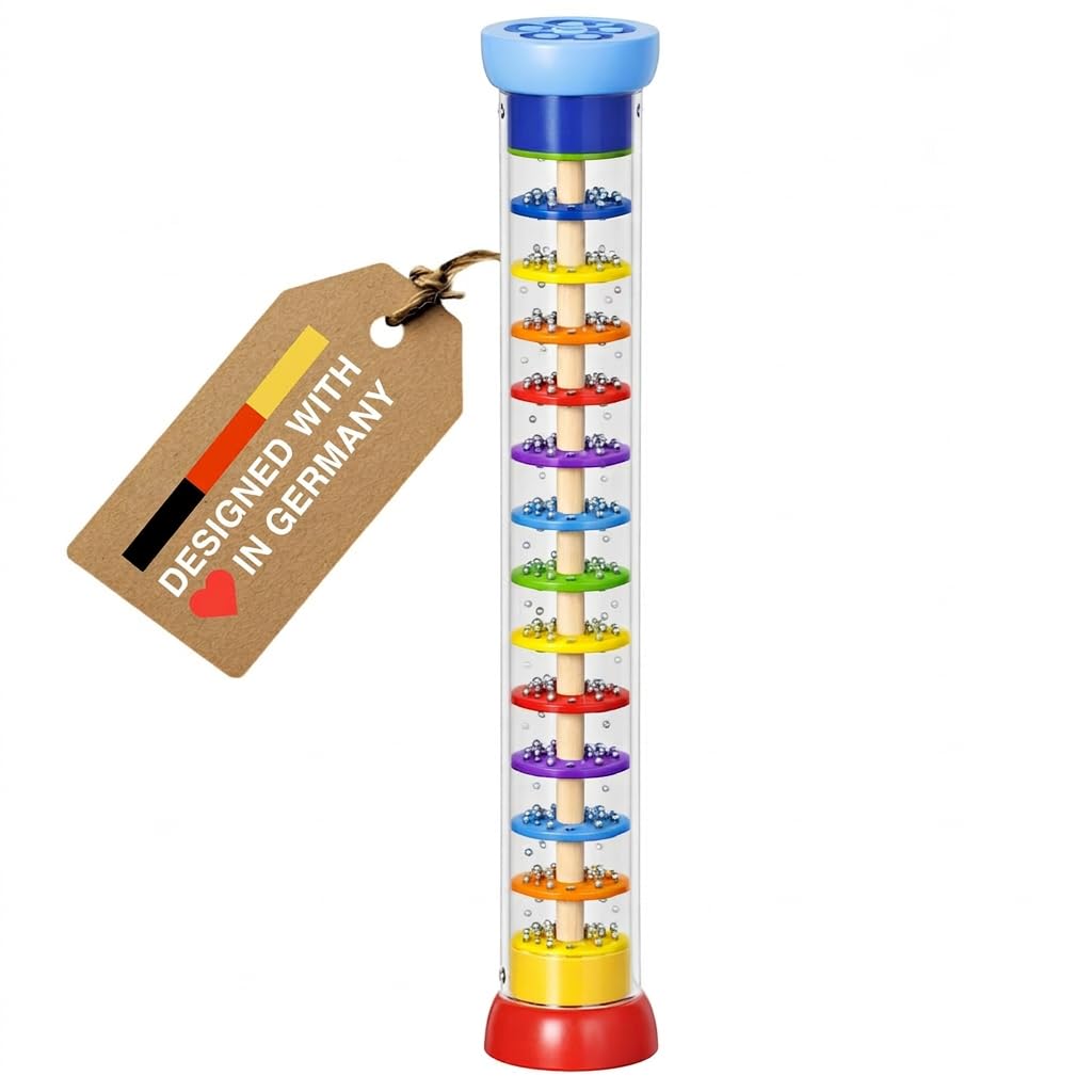Goki rain stick side view highlighting calming rain sounds for toddlers