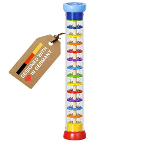 Goki rain stick side view highlighting calming rain sounds for toddlers