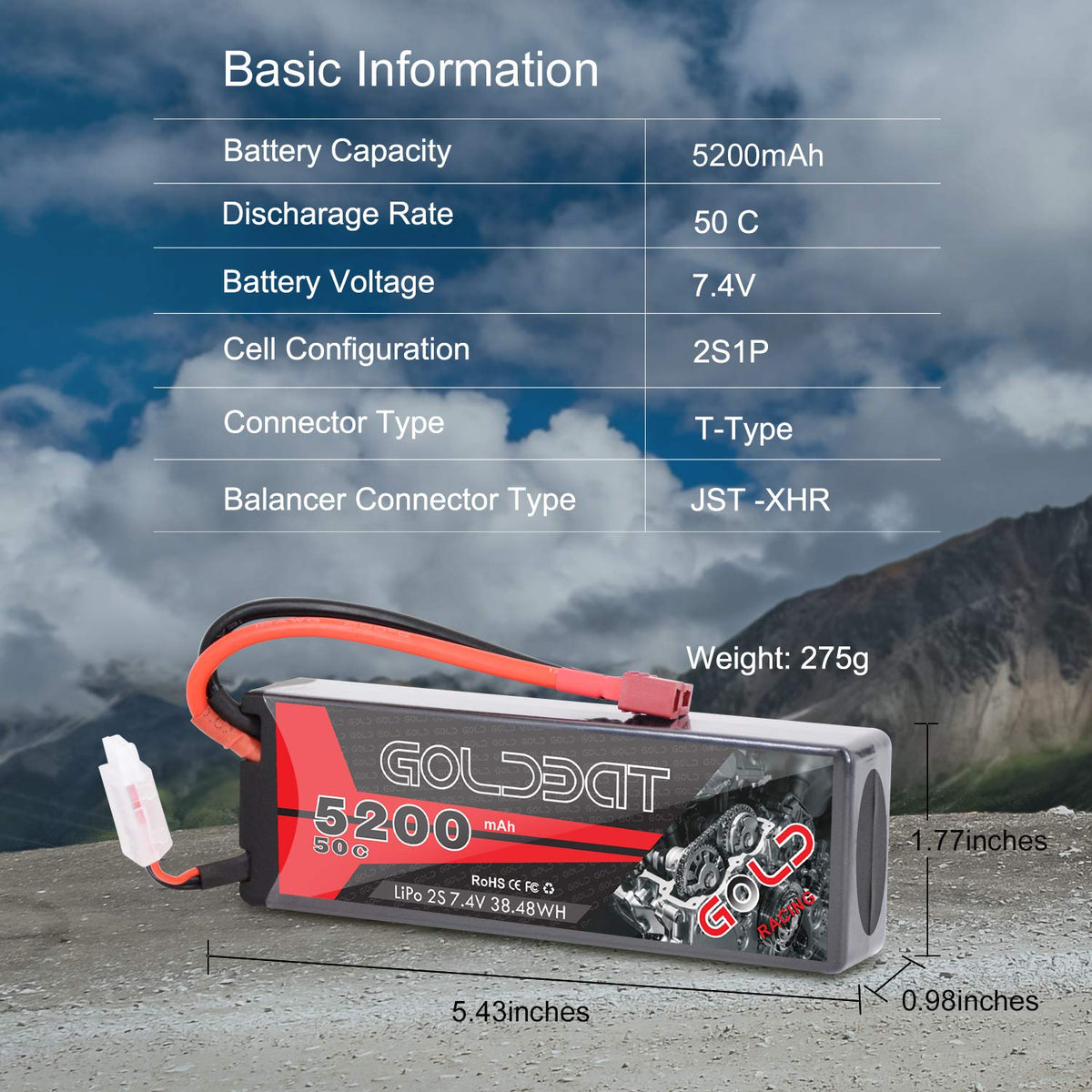 GOLDBAT 5200mAh 2S-7.4V 50C RC battery for high-current sessions