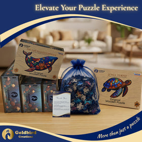 Goldbird animal puzzle on desk doubles as stylish ocean-themed decor.