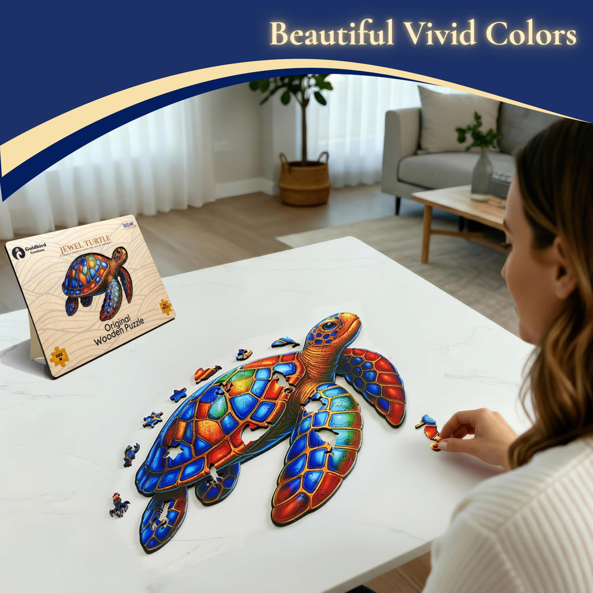 Goldbird Creations Jewel-toned turtle artwork on a wooden puzzle.