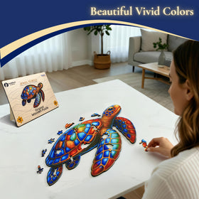 Goldbird Creations Jewel-toned turtle artwork on a wooden puzzle.