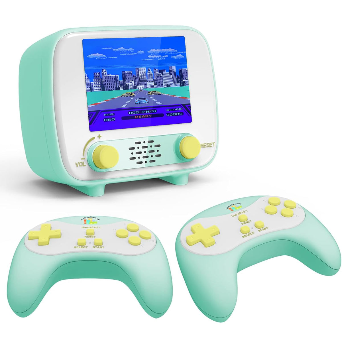 Golden Security handheld console front view showing compact retro design for on the go play