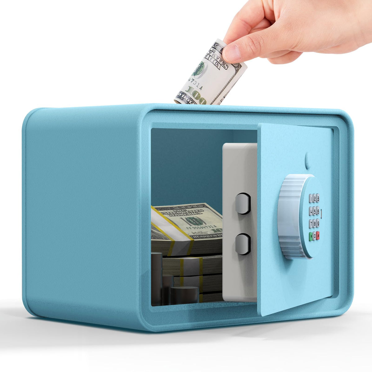 GOLDENKEY Kids Mini Safe Blue Macaron front view on a desk for easy deposits.