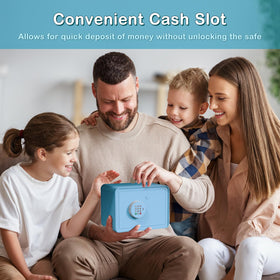 GOLDENKEY Blue Macaron Safe top coin slot in use for quick savings.