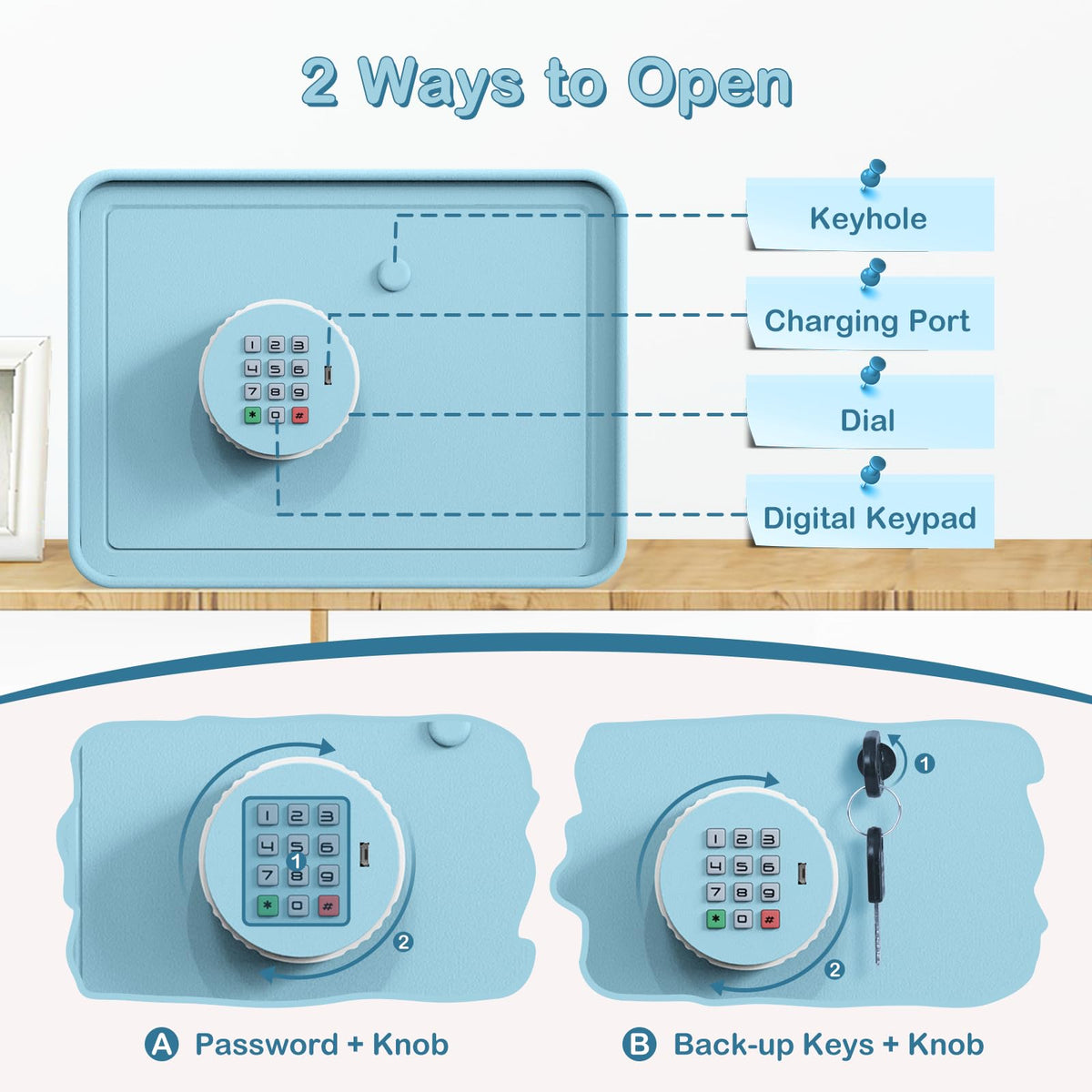 GOLDENKEY Compact steel safe with eight rounded corners for safety.