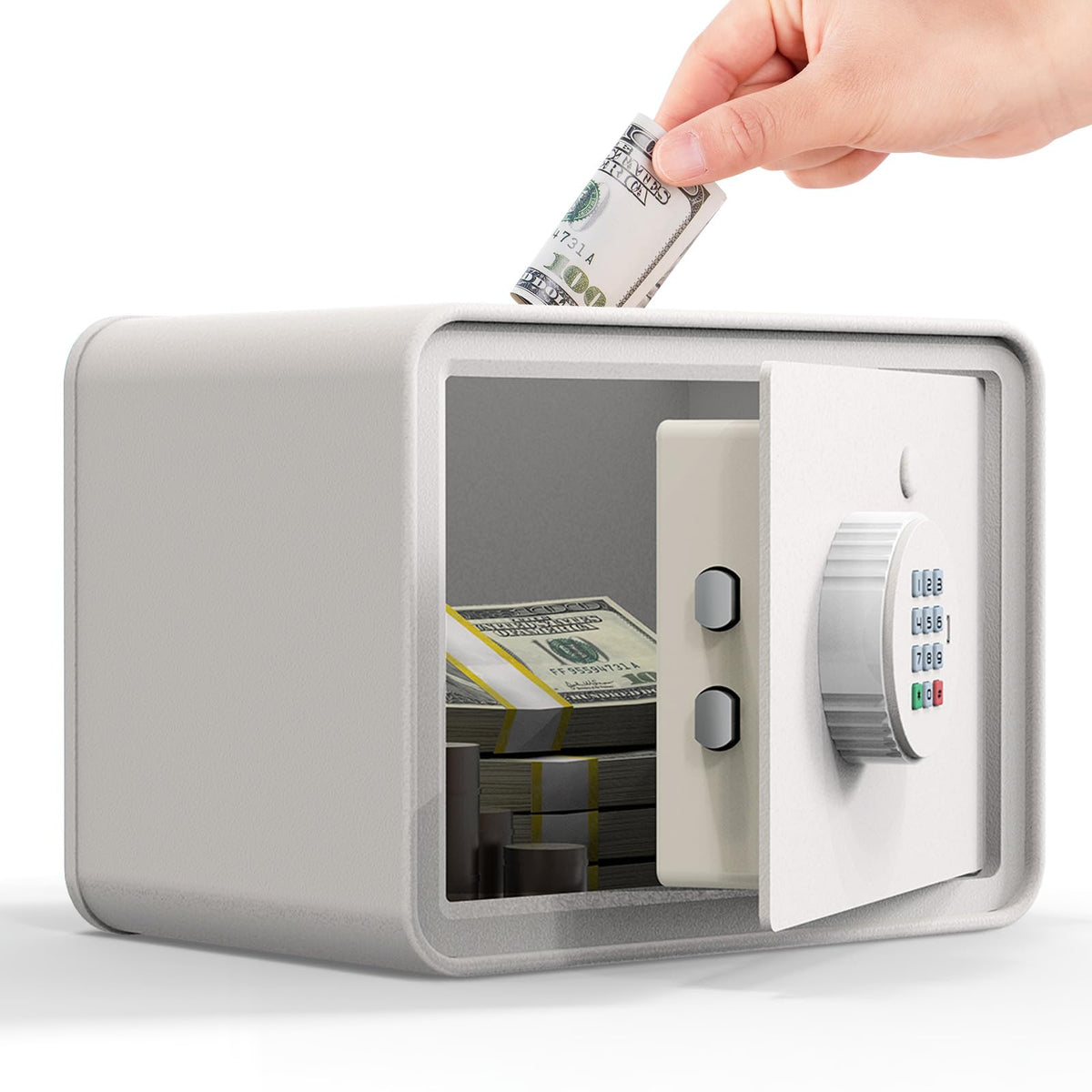 GOLDENKEY Kids Mini Safe white macaron front view secures coins and bills securely.