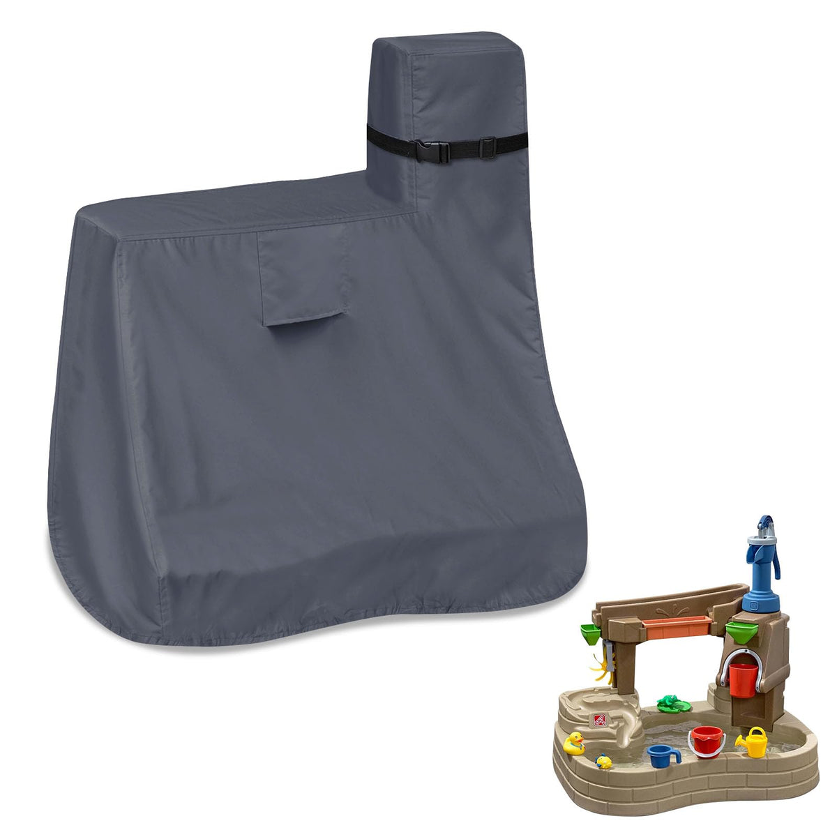 GoldenRaindrop water table cover setup showing quick protection for the Pump & Splash Discovery Pond.