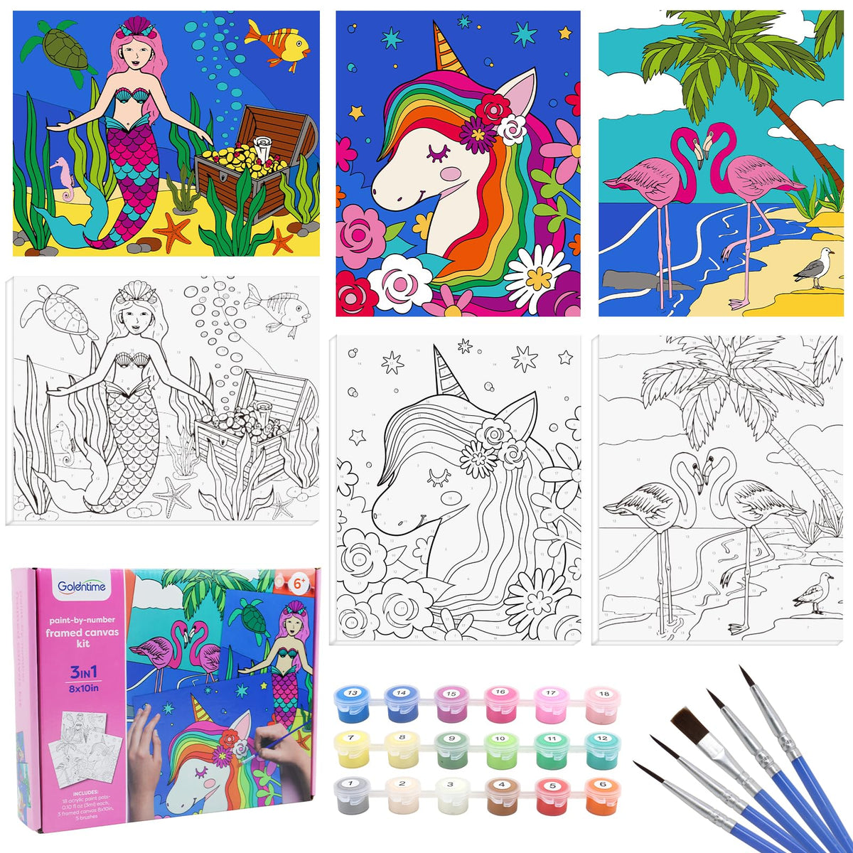 Goldentime unicorn canvas painting kit, framed 8x10, ideal for focused creativity