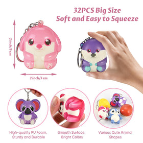GOLDGE 32-pcs squishy animal keychains collection of colorful figures for kids