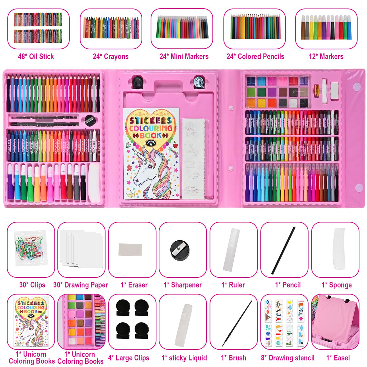 Goldge art case with tools keeps crayons, markers, and papers organized.