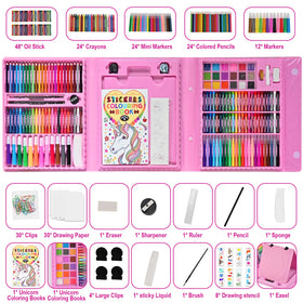 Goldge art case with tools keeps crayons, markers, and papers organized.