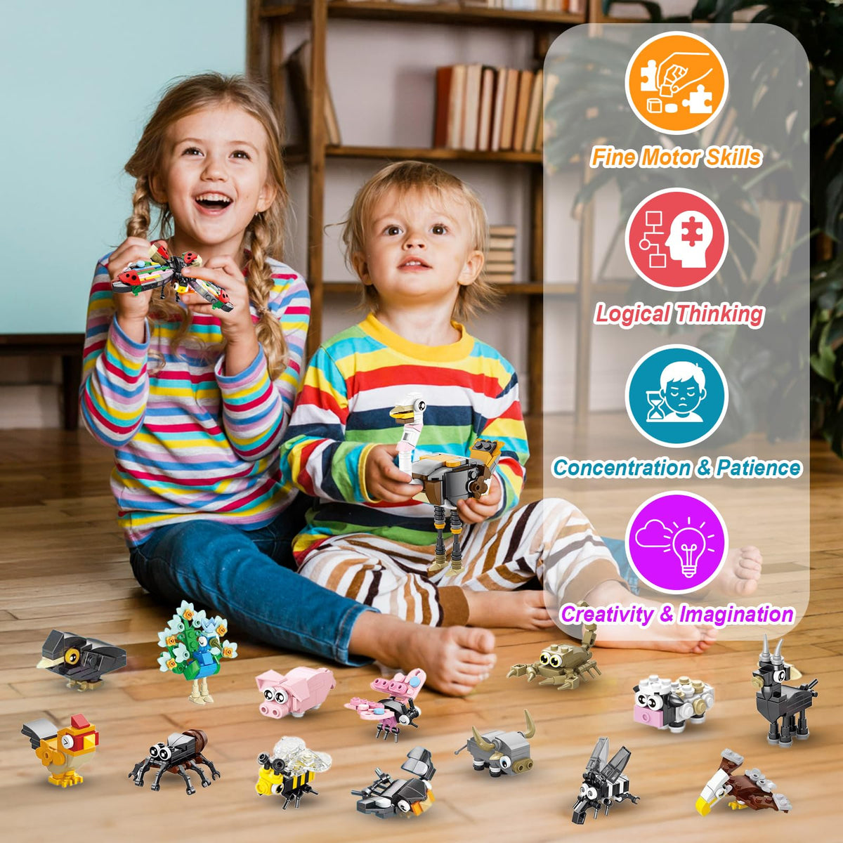 Goldge four-theme building blocks for ocean, birds, insects, and farm play.