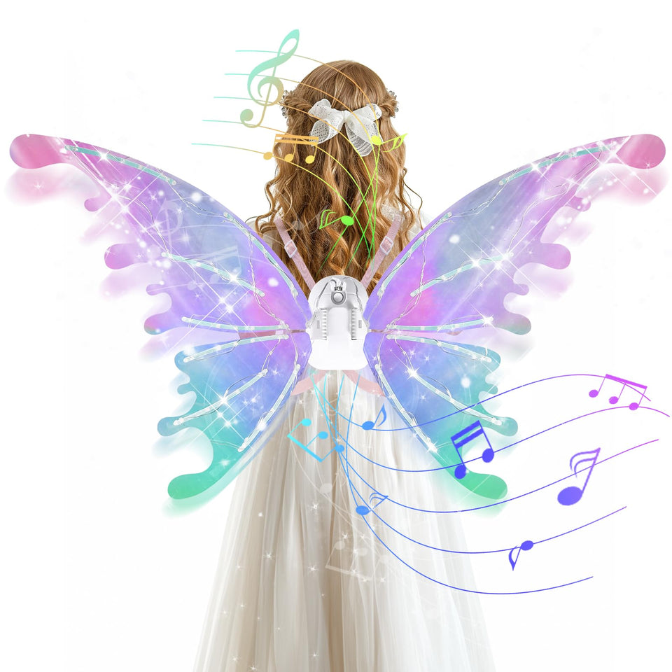Goldge LED fairy wings multicolor closeup for magical dress-up.