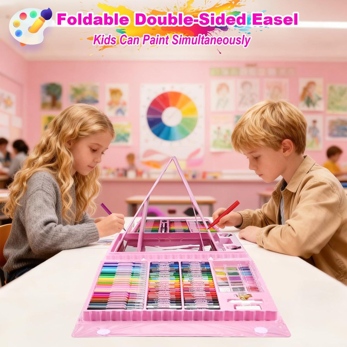 Goldge double-sided easel encourages family art time and shared projects.