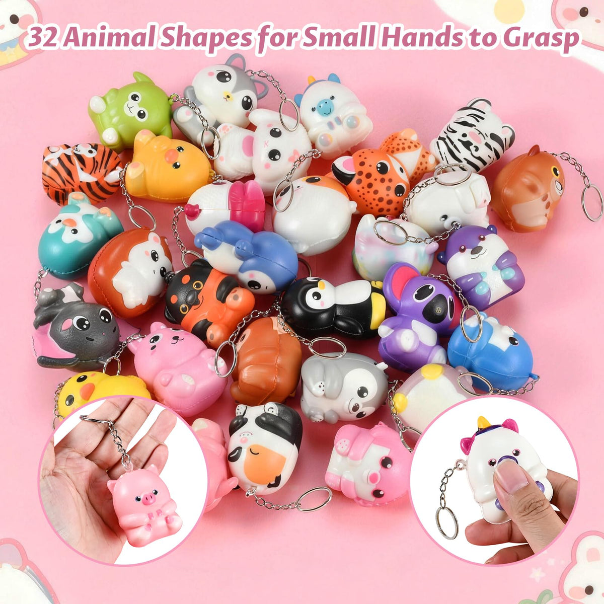 GOLDGE squishy animal keychains in hand show size and easy-to-squeeze grip
