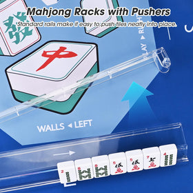 Goldge transparent racks shown in use with traditional Mahjong tiles.