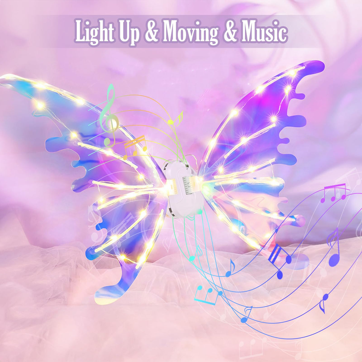 Goldge wings moving with music illustrate dynamic play.