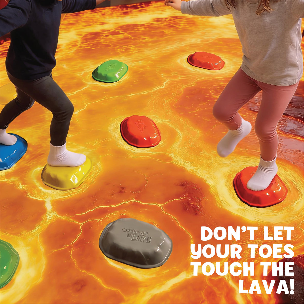Goliath Floor is Lava kid jumping on stones during a lively family challenge.