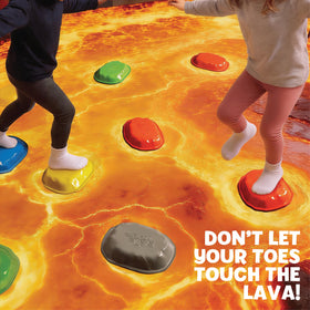 Goliath Floor is Lava kid jumping on stones during a lively family challenge.