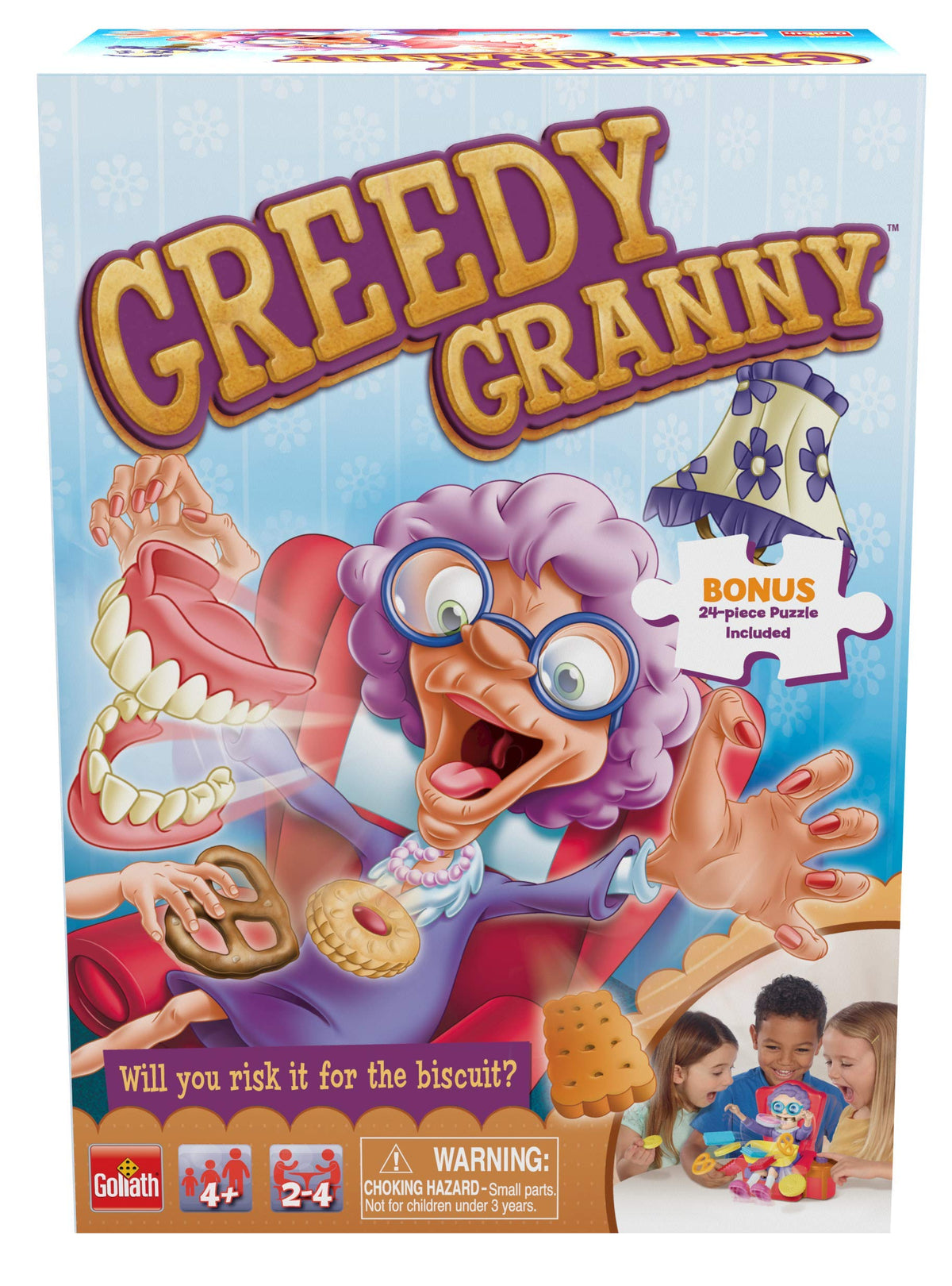 Goliath Greedy Granny game tray with treats ready for swiping and giggles.