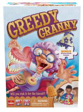 Goliath Greedy Granny game tray with treats ready for swiping and giggles.