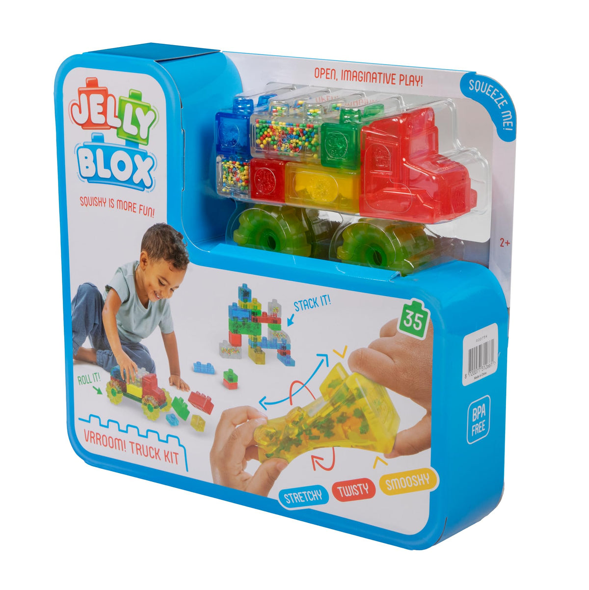 Goliath Jelly Blox Vrroom! Child enjoying squishy blocks promotes calm focus.