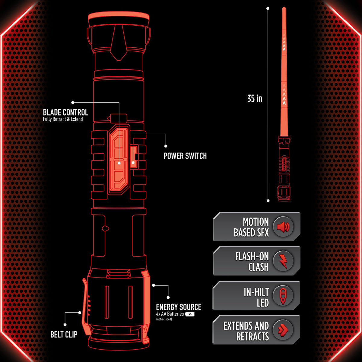 Goliath Power Saber included stand for easy display after play.