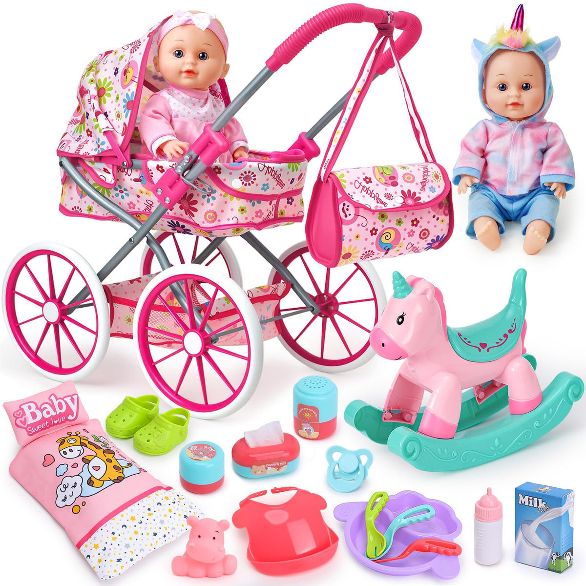 Golray 12in baby doll set with stroller for nurture play on the go.