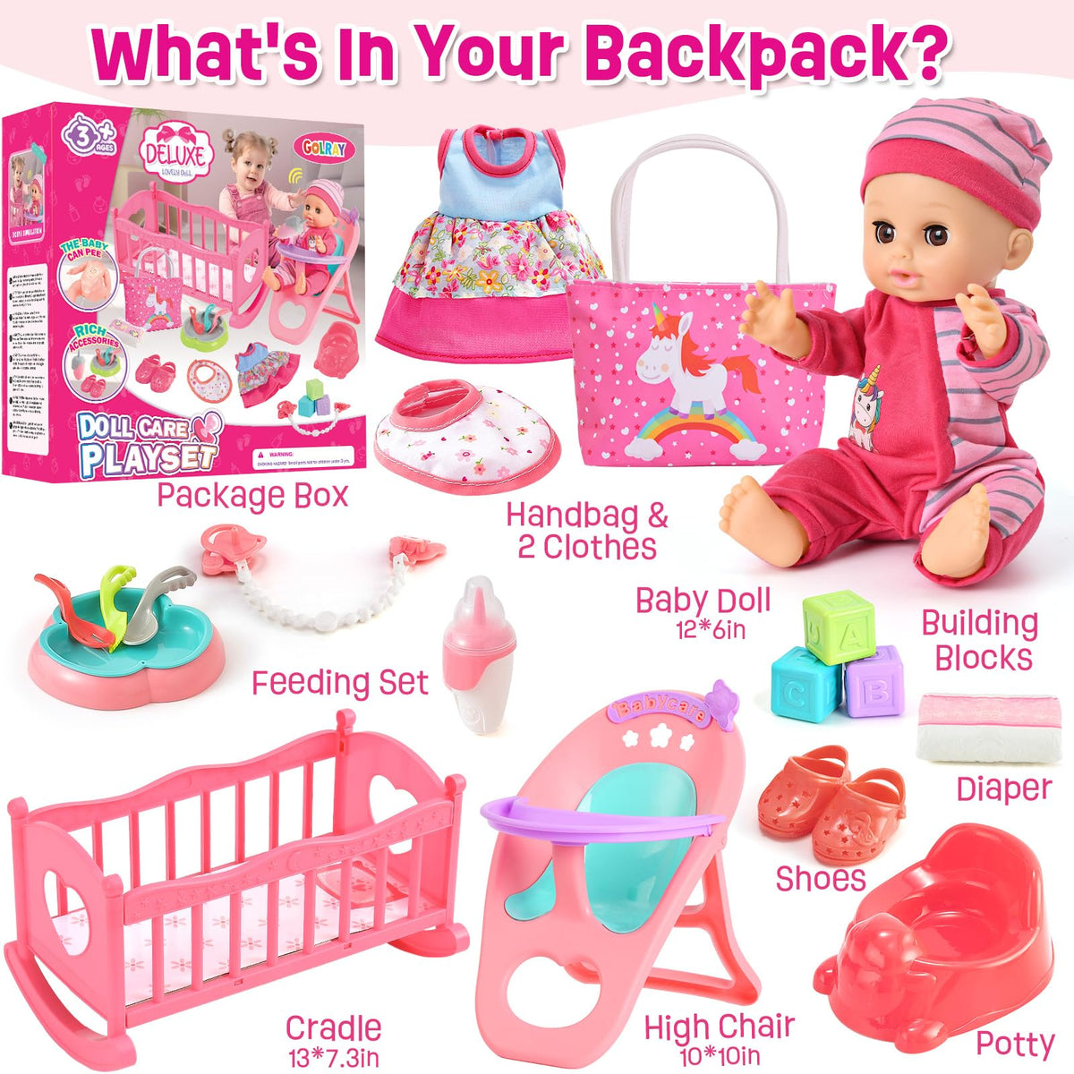 Golray 12in girl doll handbag stores accessories for playtime
