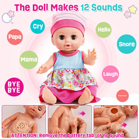Golray 12in girl doll on a high chair for feeding pretend play