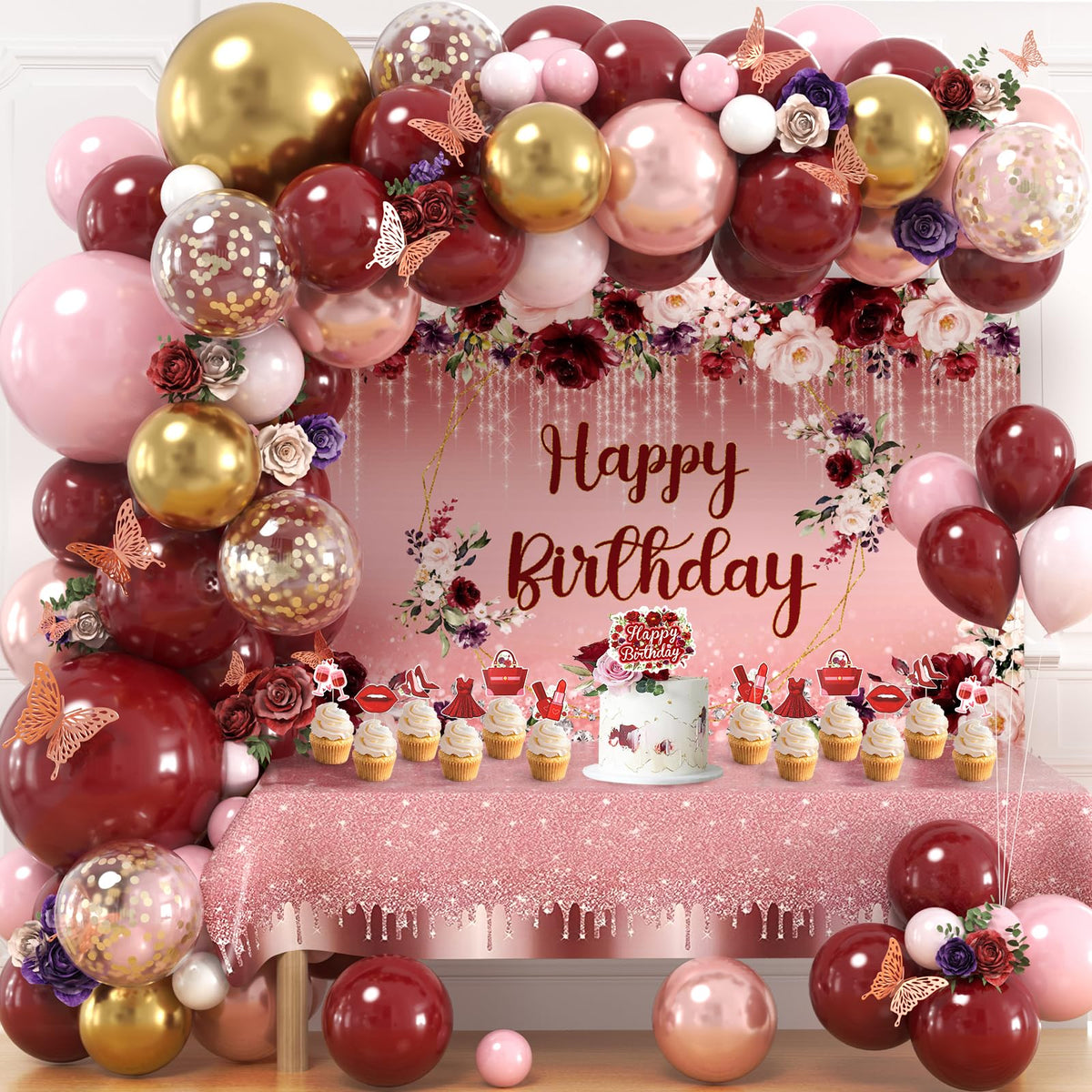 Golray 167Pcs Burgundy Birthday Decorations with butterfly stickers for elegant celebrations