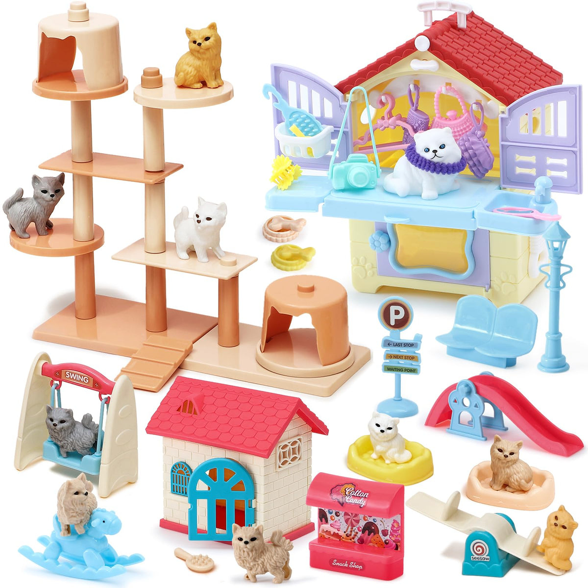 Golray 66Pcs cat toys figurines for imaginative pretend play and grooming practice.