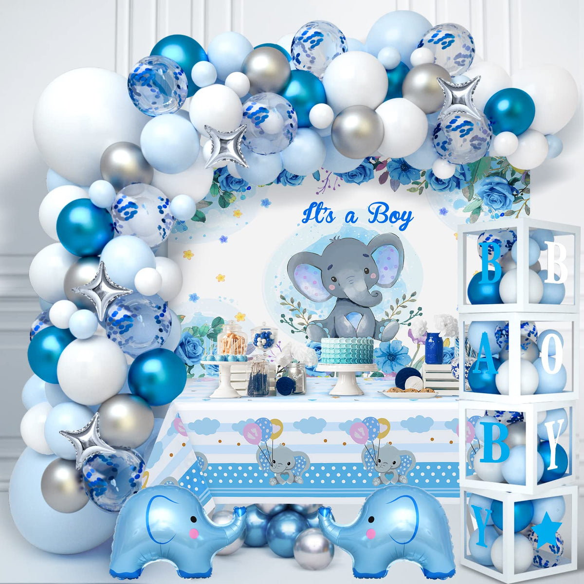 Golray elephant baby shower backdrop sets a warm photo-ready scene.