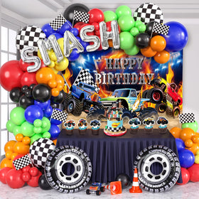 Golray Monster Truck balloon chain adds vibrant color to a boy's party.