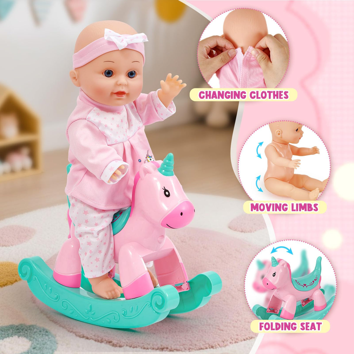 Golray pacifier and bottle set enhances feeding pretend play with the doll.