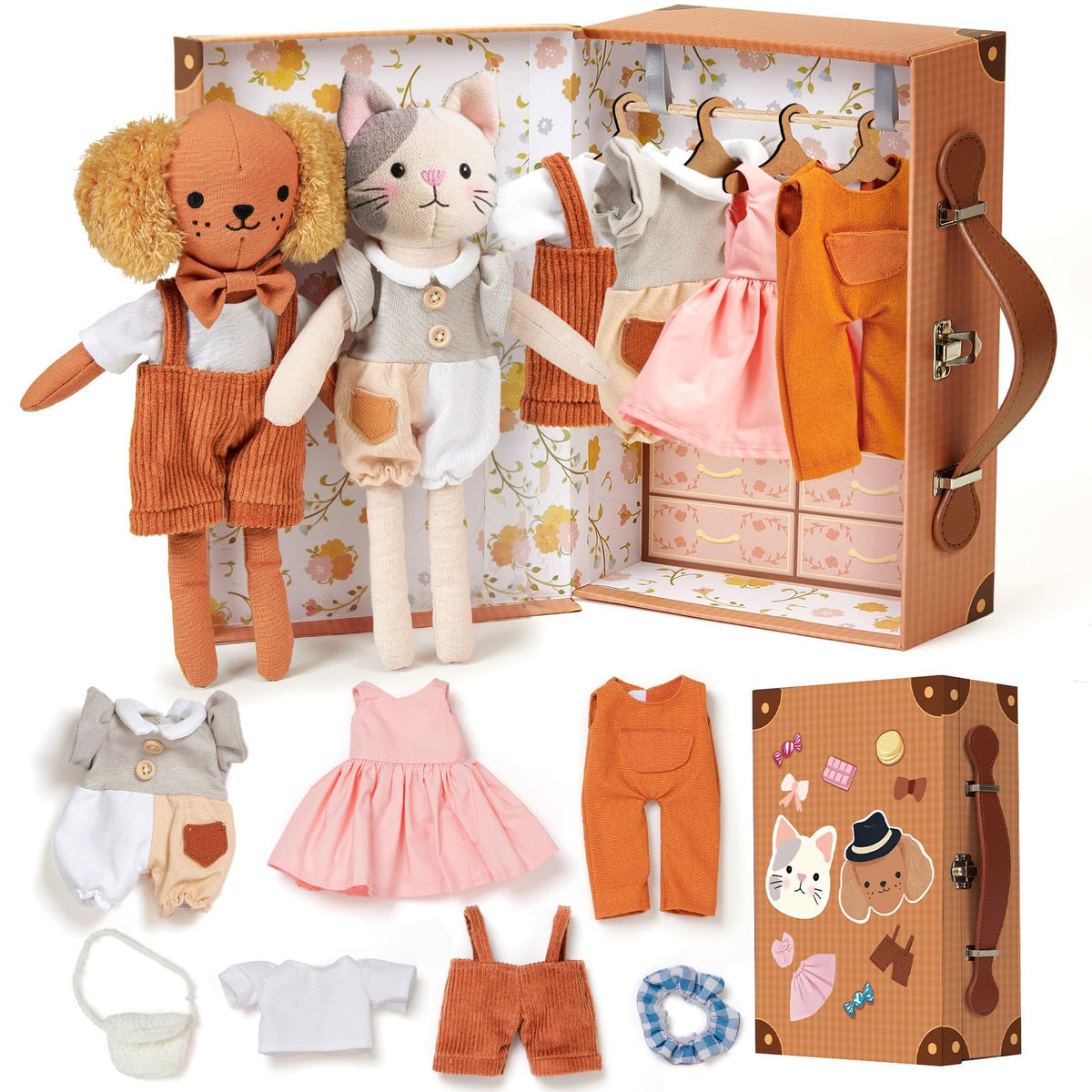 Golray portable dress-up plush dolls shown with case for travel-friendly play.