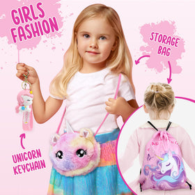 Golray drawstring backpack carries unicorn toys and essentials.