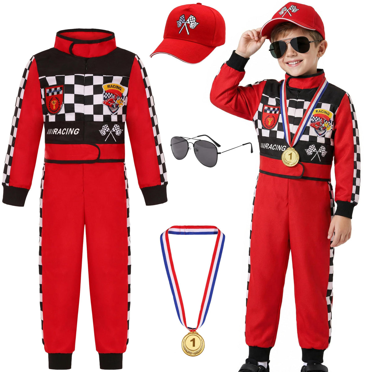 Gomukot Direct Kids Race Car Driver Costume jumpsuit for immersive play and photo moments.