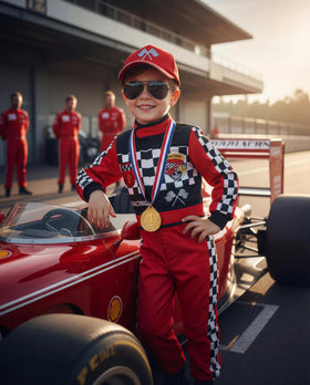 Gomukot Direct race car driver hat complements the jumpsuit during cosplay
