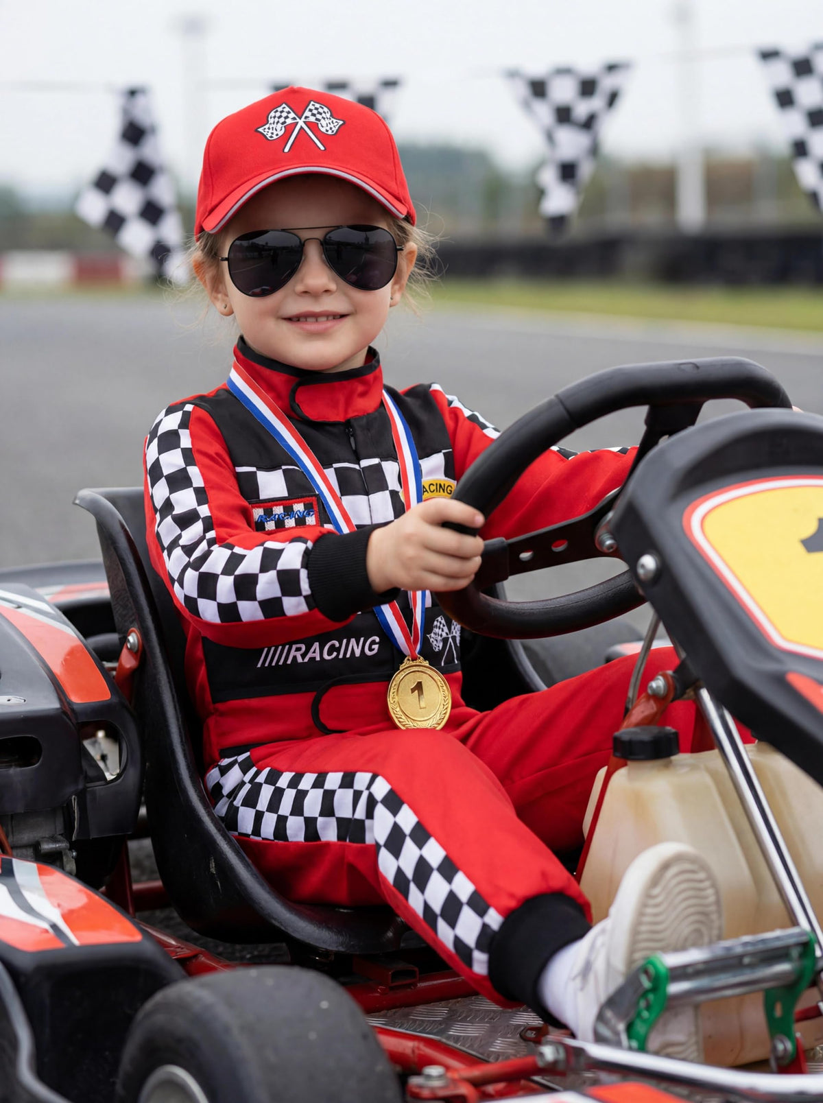 Gomukot Direct red and black checkered design mirrors classic race aesthetics for kids.