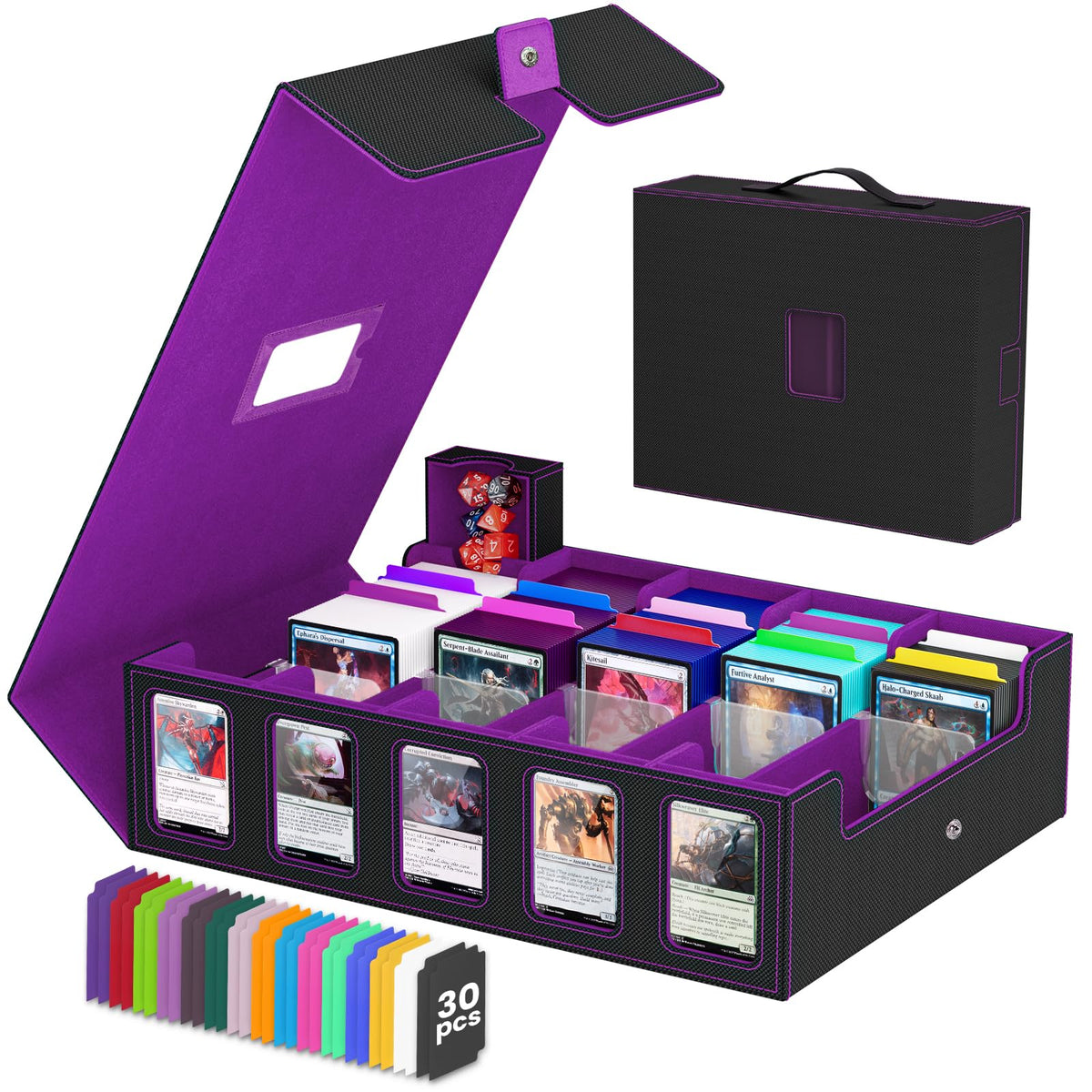 Gomyrod trading card storage box front view with five-row display for quick access.