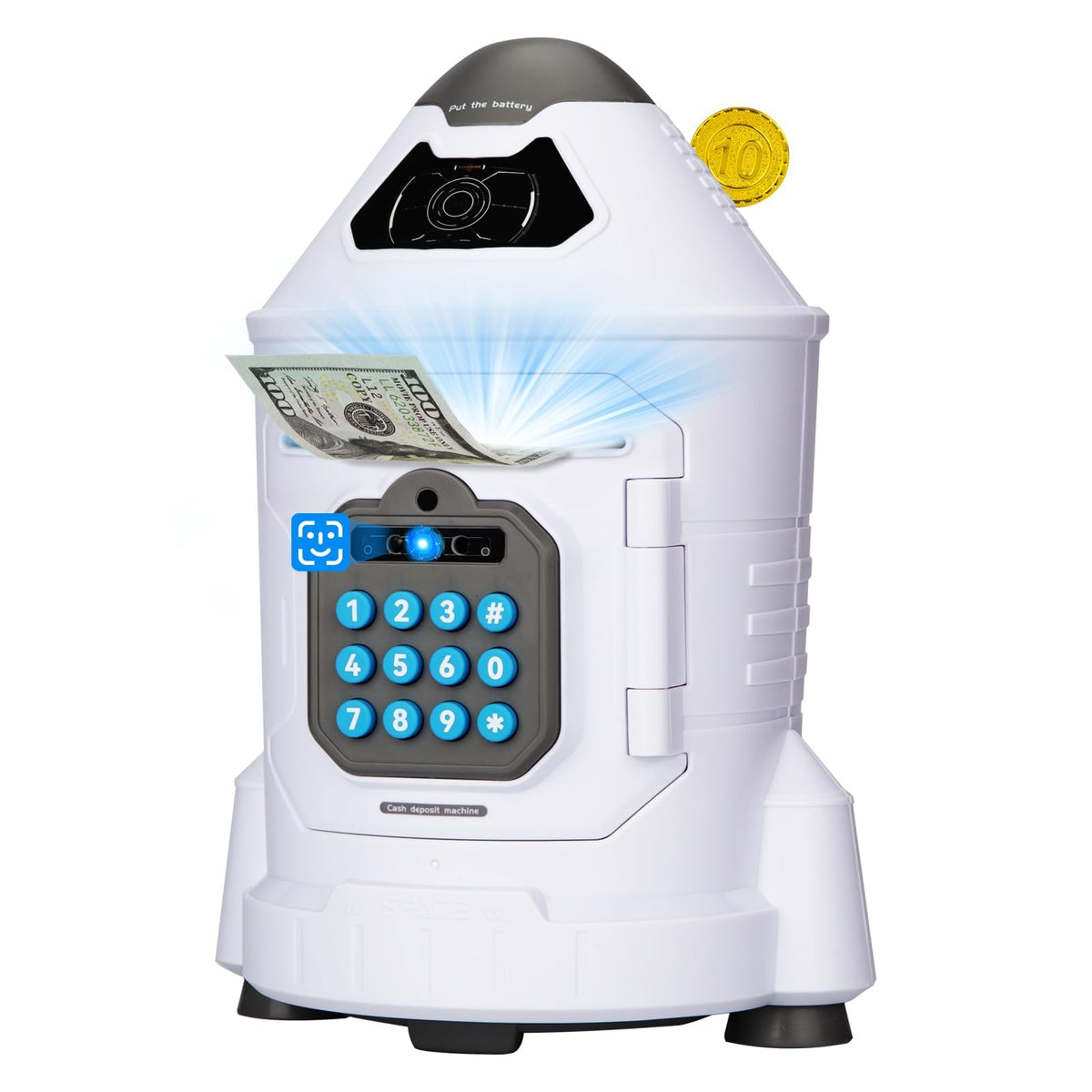 GONINO rocket piggy bank with face ID for engaging savings.