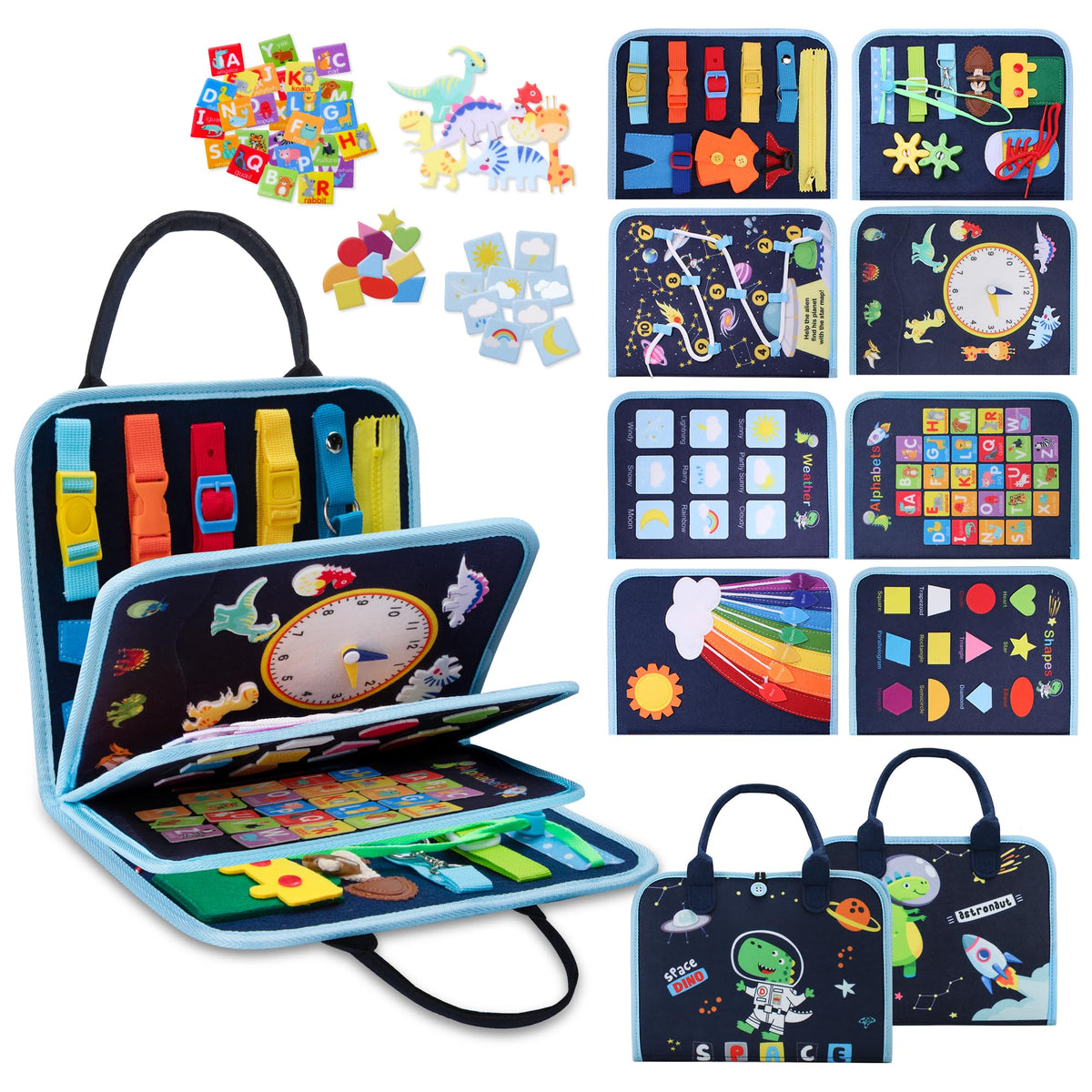 GONINO toddler busy board with dinosaur space theme promotes focused sensory play.