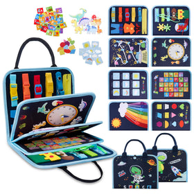 GONINO toddler busy board with dinosaur space theme promotes focused sensory play.