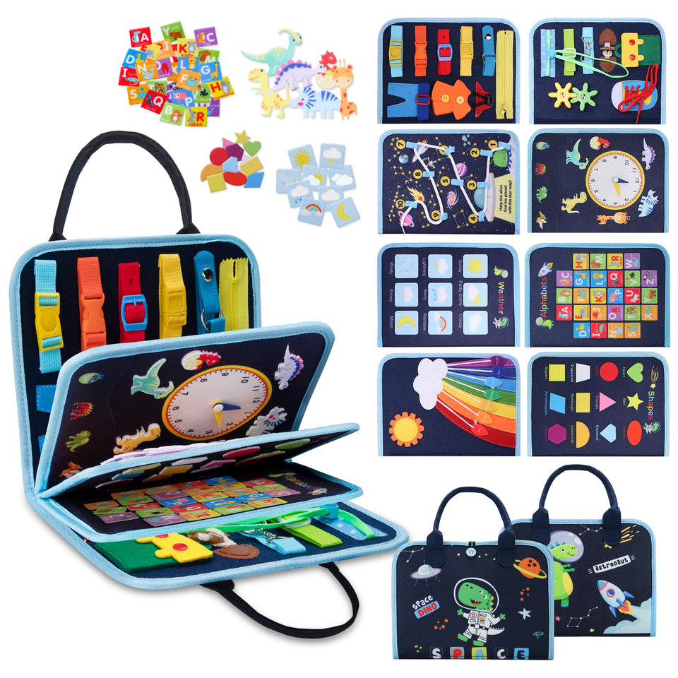 GONINO toddler busy board with dinosaur space theme promotes focused sensory play.
