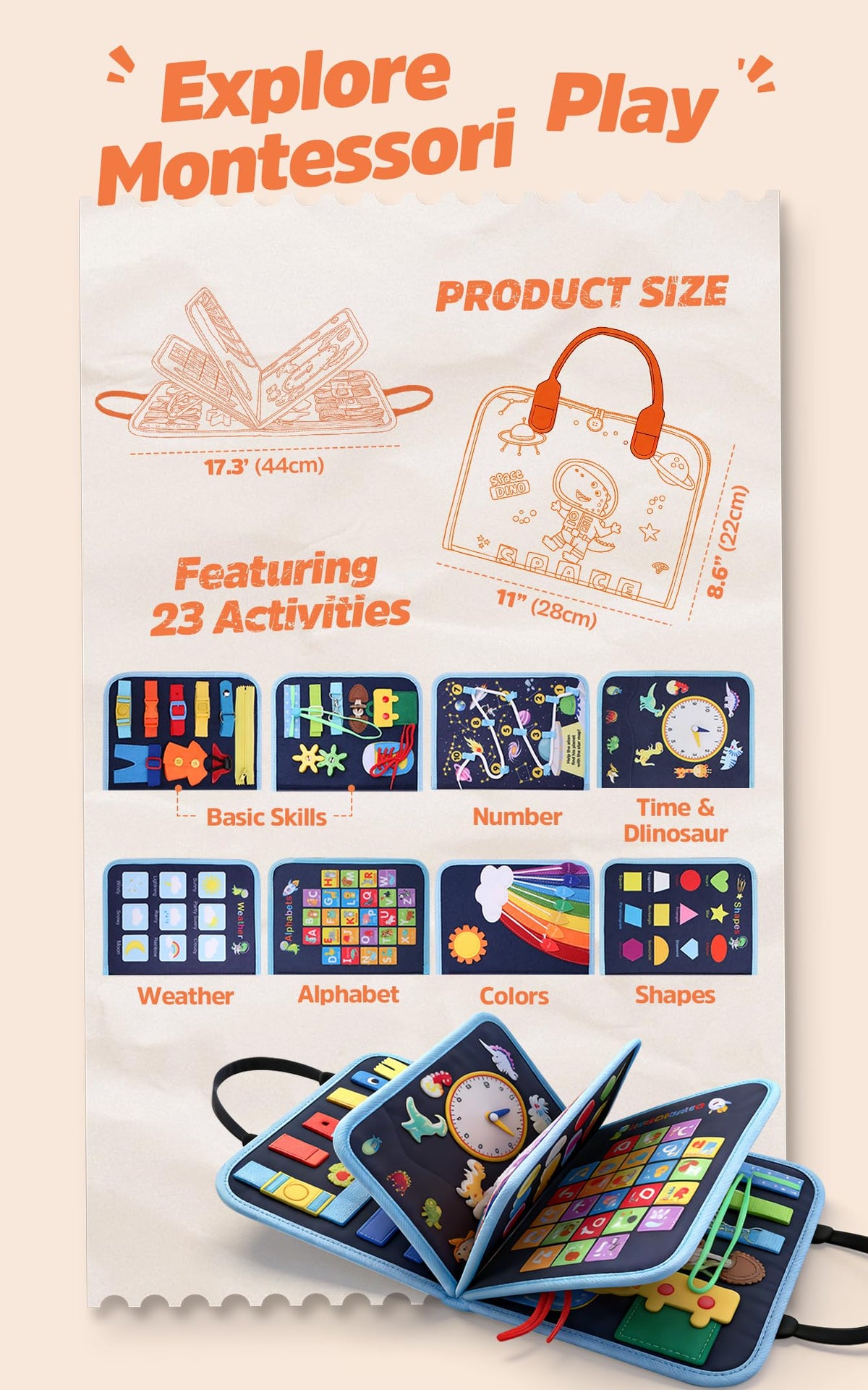 GONINO travel-friendly busy board fits bags for trips.