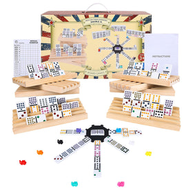 Gonoelec Mexican Train Dominoes set in tin box with components clearly displayed for easy setup.